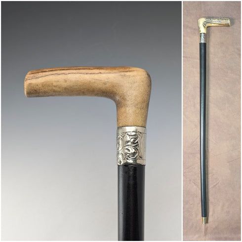 1900年頃 英国アンティーク ブラックシャフト L字アントラーハンドル ステッキ 杖 75cm